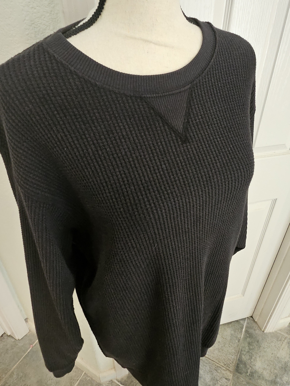 aerie Black Waffle Knit Crewneck Sweater - Picture 2 of 5